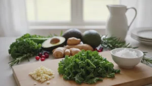 A beautifully arranged flat lay of fresh, vibrant foods known for their Candida cleanse properties, including garlic, kale, coconut oil, ginger, and avocados. In the foreground, a clean, wooden cutting board displays chopped garlic and bright green kale alongside a small bowl of coconut oil. The middle ground features whole avocados and ginger roots artistically scattered. The background includes a soft, blurred kitchen setting with natural light streaming in from a window, creating a warm, inviting atmosphere. The overall mood is fresh, health-focused, and visually appealing, suggesting vitality and wellness. Use a shallow depth of field to emphasize the textures and colors of the foods, ensuring a bright and uplifting color palette.