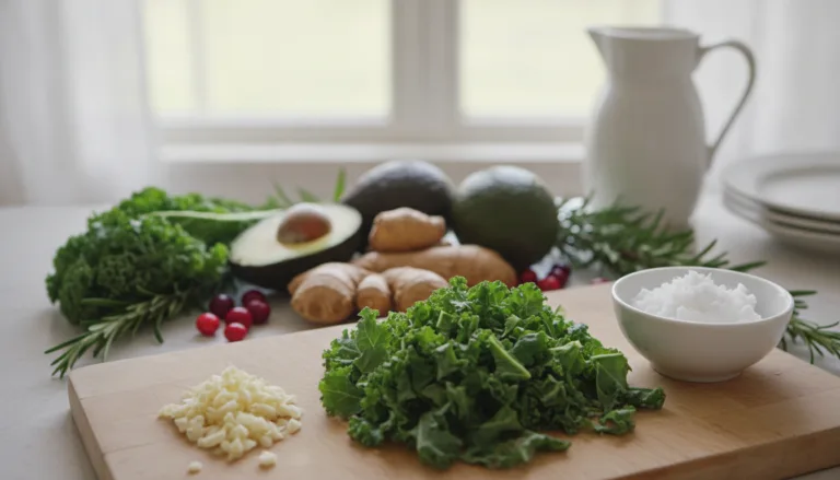 A beautifully arranged flat lay of fresh, vibrant foods known for their Candida cleanse properties, including garlic, kale, coconut oil, ginger, and avocados. In the foreground, a clean, wooden cutting board displays chopped garlic and bright green kale alongside a small bowl of coconut oil. The middle ground features whole avocados and ginger roots artistically scattered. The background includes a soft, blurred kitchen setting with natural light streaming in from a window, creating a warm, inviting atmosphere. The overall mood is fresh, health-focused, and visually appealing, suggesting vitality and wellness. Use a shallow depth of field to emphasize the textures and colors of the foods, ensuring a bright and uplifting color palette.