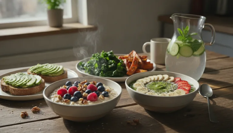 A beautifully arranged healthy breakfast spread on a rustic wooden table, featuring a variety of vibrant options. In the foreground, there are oatmeal bowls topped with fresh berries and nuts, a smoothie bowl garnished with chia seeds, and slices of avocado on whole-grain toast sprinkled with sea salt. In the middle, vibrant green leafy kale accompanies baked sweet potato wedges, while a pitcher of infused water with cucumber and mint sits invitingly. The background includes a sunny kitchen setting with soft morning light filtering through a window, creating a warm and inviting atmosphere. The image exudes a sense of freshness and vitality, with a focus on wholesome and balanced breakfast choices ideal for a healthy lifestyle.
