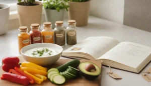 A beautifully arranged kitchen countertop showcasing easy gut health recipes. In the foreground, a wooden cutting board displays vibrant vegetables like bell peppers, zucchini, and avocados, alongside a bowl of probiotic-rich yogurt and a sprinkle of fresh herbs. In the middle, a recipe book opened to a page with simple instructions for gut-friendly dishes, surrounded by colorful spices in glass jars. The background features soft-focus greenery and light streaming through a window, creating a warm, inviting atmosphere. The scene is captured in soft, natural light, simulating a cozy home cooking environment, with a shallow depth of field to keep the focus on the food and recipes, exuding a sense of health and wellness.