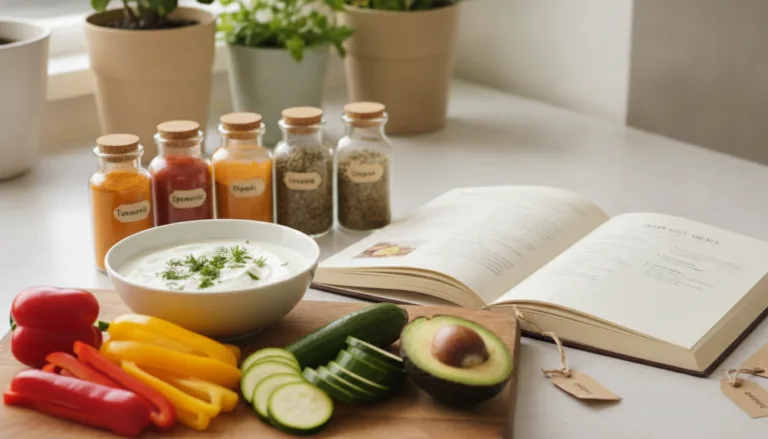 A beautifully arranged kitchen countertop showcasing easy gut health recipes. In the foreground, a wooden cutting board displays vibrant vegetables like bell peppers, zucchini, and avocados, alongside a bowl of probiotic-rich yogurt and a sprinkle of fresh herbs. In the middle, a recipe book opened to a page with simple instructions for gut-friendly dishes, surrounded by colorful spices in glass jars. The background features soft-focus greenery and light streaming through a window, creating a warm, inviting atmosphere. The scene is captured in soft, natural light, simulating a cozy home cooking environment, with a shallow depth of field to keep the focus on the food and recipes, exuding a sense of health and wellness.