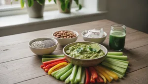 A beautifully arranged selection of Candida-friendly snacks on a rustic wooden table. In the foreground, showcase fresh vegetables like cucumber sticks, bell pepper slices, and celery, artistically displayed alongside a bowl of homemade guacamole. The middle ground features a variety of nuts, seeds, and dried coconut flakes, neatly organized in small ceramic dishes. In the background, soft natural light filters through a nearby window, casting gentle shadows, with a few green plants adding a touch of freshness to the scene. The overall mood is inviting and wholesome, promoting a sense of health and vitality that aligns with gut-friendly eating habits. Ensure the composition is clean and visually appealing, without text or distractions.