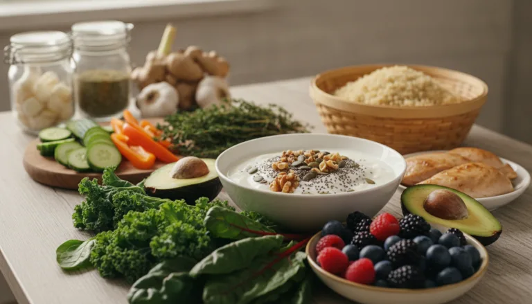 A beautifully arranged table displaying a variety of foods suitable for an effective Candida overgrowth diet plan. In the foreground, vibrant green leafy vegetables, avocados, and colorful berries are elegantly presented. In the middle, a bowl of coconut yogurt topped with nuts and seeds sits next to gluten-free grain options, like quinoa and brown rice, all against a clean, minimalist backdrop of wooden textures and soft, natural light. In the background, a gentle bokeh effect captures kitchen herbs like garlic and ginger, emphasizing a wholesome cooking atmosphere. The scene should evoke a sense of health, balance, and natural living, with soft, warm lighting enhancing the freshness of the ingredients. No people are present, allowing the focus to remain on the nourishing foods.