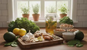 A bright, inviting kitchen scene showcasing a variety of natural ingredients for preventing candida overgrowth. In the foreground, a wooden cutting board holds fresh garlic cloves, ginger, and turmeric, surrounded by vibrant fruits and vegetables like avocados, lemons, and leafy greens. In the middle, a glass jar filled with herbal tea and small bowls of nuts and seeds create a healthy atmosphere. The background features a sunlit window with potted herbs, enhancing the natural feel. Soft, warm lighting illuminates the entire scene, creating an uplifting and health-conscious mood. The image should be photographed from a slightly elevated angle, focusing on the rich textures and colors of the ingredients, inviting viewers to embrace a lifestyle of wellness and nutrition.