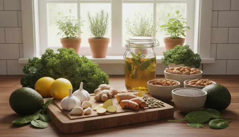A bright, inviting kitchen scene showcasing a variety of natural ingredients for preventing candida overgrowth. In the foreground, a wooden cutting board holds fresh garlic cloves, ginger, and turmeric, surrounded by vibrant fruits and vegetables like avocados, lemons, and leafy greens. In the middle, a glass jar filled with herbal tea and small bowls of nuts and seeds create a healthy atmosphere. The background features a sunlit window with potted herbs, enhancing the natural feel. Soft, warm lighting illuminates the entire scene, creating an uplifting and health-conscious mood. The image should be photographed from a slightly elevated angle, focusing on the rich textures and colors of the ingredients, inviting viewers to embrace a lifestyle of wellness and nutrition.