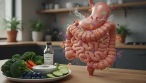A close-up view of a human digestive system is showcased, emphasizing the stomach and intestines. The stomach is depicted with subtle ethereal wisps to represent bloating, and small, colorful candida yeast organisms are illustrated surrounding it to convey the connection to bloating. In the foreground, a contrasting healthy food plate, filled with vegetables and probiotics, symbolizes gut health. The background features a soft-focus of a serene kitchen ambiance with warm lighting, evoking a sense of wellness. The angle is slightly tilted to create depth, and the tone is informative yet calming, helping the audience visualize the interaction between candida and digestive health in a professional and respectful manner.