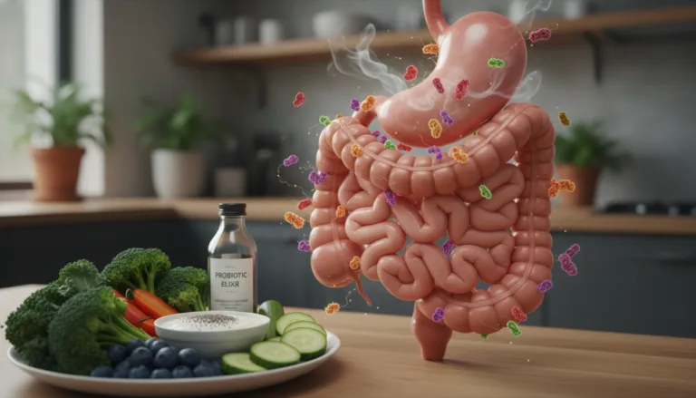 A close-up view of a human digestive system is showcased, emphasizing the stomach and intestines. The stomach is depicted with subtle ethereal wisps to represent bloating, and small, colorful candida yeast organisms are illustrated surrounding it to convey the connection to bloating. In the foreground, a contrasting healthy food plate, filled with vegetables and probiotics, symbolizes gut health. The background features a soft-focus of a serene kitchen ambiance with warm lighting, evoking a sense of wellness. The angle is slightly tilted to create depth, and the tone is informative yet calming, helping the audience visualize the interaction between candida and digestive health in a professional and respectful manner.