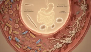 A detailed anatomical illustration of Candida overgrowth in the human gut, emphasizing the unique structure of the gut microbiome. The foreground features a close-up of healthy intestinal walls on one side, seamlessly transitioning to sections depicting Candida fungi overgrowth with clear visual contrasts. In the middle layer, include various types of Candida organisms, intricately detailed, showcasing their filamentous and yeast forms. The background should display a soft-focus diagram of the digestive system, with subtle shading to add depth. Use warm, soft lighting to create an informative yet clinical atmosphere, enhancing the educational quality. The overall mood should be professional and enlightening, aiming to foster understanding and awareness of gut health.