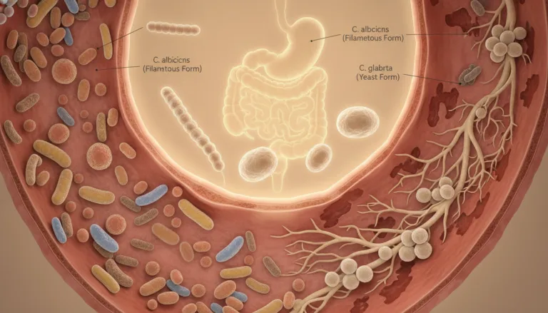 A detailed anatomical illustration of Candida overgrowth in the human gut, emphasizing the unique structure of the gut microbiome. The foreground features a close-up of healthy intestinal walls on one side, seamlessly transitioning to sections depicting Candida fungi overgrowth with clear visual contrasts. In the middle layer, include various types of Candida organisms, intricately detailed, showcasing their filamentous and yeast forms. The background should display a soft-focus diagram of the digestive system, with subtle shading to add depth. Use warm, soft lighting to create an informative yet clinical atmosphere, enhancing the educational quality. The overall mood should be professional and enlightening, aiming to foster understanding and awareness of gut health.