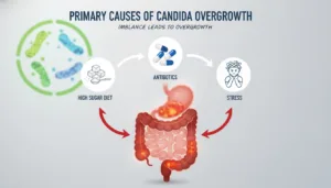A detailed illustration of the primary causes of Candida overgrowth, featuring a clean, modern infographic style. In the foreground, a stylized representation of a human digestive system, with highlighted areas showing imbalance due to factors like high sugar diets, antibiotics, and stress. The middle layer presents visual icons for each cause, such as sugar cubes, antibiotic pills, and a stressed figure, all interconnected with arrows. In the background, a soft-focus depiction of a balanced microbiome graphic, symbolizing harmony. Use natural lighting to convey clarity, with a focus on vibrant colors to capture attention and create a sense of urgency. The overall mood should be informative and engaging, suitable for readers seeking health insights.