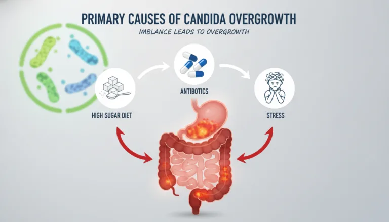 A detailed illustration of the primary causes of Candida overgrowth, featuring a clean, modern infographic style. In the foreground, a stylized representation of a human digestive system, with highlighted areas showing imbalance due to factors like high sugar diets, antibiotics, and stress. The middle layer presents visual icons for each cause, such as sugar cubes, antibiotic pills, and a stressed figure, all interconnected with arrows. In the background, a soft-focus depiction of a balanced microbiome graphic, symbolizing harmony. Use natural lighting to convey clarity, with a focus on vibrant colors to capture attention and create a sense of urgency. The overall mood should be informative and engaging, suitable for readers seeking health insights.