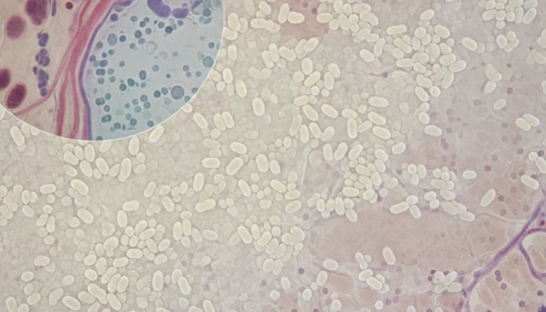A detailed overview of a Candida biofilm, showcasing clusters of yeast cells forming a dense, protective layer. In the foreground, magnified sections reveal the intricate texture of the biofilm, with shades of white and cream, interspersed with hints of yellow. The middle ground features a vibrant, microscopic view of the yeast cells, surrounded by a backdrop of human tissue, depicting a natural, organic environment. The lighting is soft and diffuse, mimicking natural illumination to enhance the biological details, with a slight focus blur to emphasize the biofilm structure in the foreground. The atmosphere is clinical yet informative, inviting a sense of curiosity and understanding about Candida biofilm phenotypes and their implications in health.