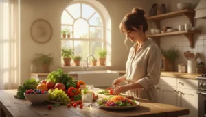 A serene and inviting kitchen scene bathed in soft, natural light. In the foreground, a wooden table is adorned with fresh fruits and vegetables, symbolizing a healthy diet. A glass of water with lemon sits beside a colorful plate filled with vibrant salads. In the middle ground, a woman in modest casual clothing joyfully prepares a meal, embodying vitality and recovery. She has a relaxed smile as she consults a recipe book, showcasing a moment of wellness and hope. The background features a cozy window with potted herbs, allowing sunlight to stream in, enhancing the feeling of warmth and positivity. The overall mood conveys a sense of rejuvenation and well-being, highlighting the signs of Candida recovery.
