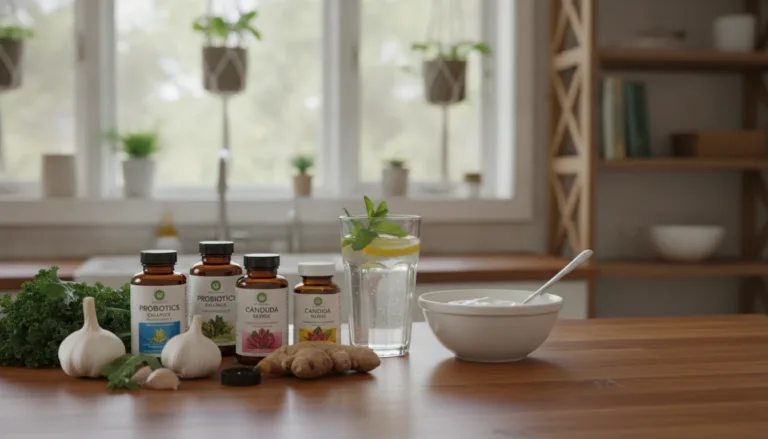 A serene and inviting kitchen setting, highlighting an array of Candida supplements arranged on a wooden countertop. In the foreground, close-up shots of supplements like probiotics and herbal capsules are neatly displayed alongside fresh ingredients like garlic, ginger, and leafy greens. In the middle ground, a glass of water infused with lemon and mint sits adjacent to a small bowl of yogurt, emphasizing digestive health. The background showcases a softly lit kitchen space with plants and a wooden shelf filled with health-related books, creating a warm, natural atmosphere. The lighting is bright and airy, evoking a sense of wellness and vitality, captured from a slightly elevated angle to provide depth and focus.