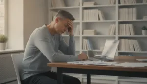 A serene indoor setting featuring a professional, middle-aged person sitting at a neatly organized desk, showing signs of fatigue. The individual, dressed in modest casual attire, has a tired expression while holding their head in their hand, surrounded by scattered papers and an open laptop. In the background, a soft-focus bookshelf filled with health books provides context, while natural light streams through a window, creating a warm and inviting atmosphere. The lighting should be soft and diffused, highlighting the person's weary demeanor without being too harsh. The overall mood is introspective, illustrating the struggle of dealing with symptoms related to candida overgrowth.