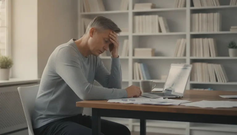 A serene indoor setting featuring a professional, middle-aged person sitting at a neatly organized desk, showing signs of fatigue. The individual, dressed in modest casual attire, has a tired expression while holding their head in their hand, surrounded by scattered papers and an open laptop. In the background, a soft-focus bookshelf filled with health books provides context, while natural light streams through a window, creating a warm and inviting atmosphere. The lighting should be soft and diffused, highlighting the person's weary demeanor without being too harsh. The overall mood is introspective, illustrating the struggle of dealing with symptoms related to candida overgrowth.