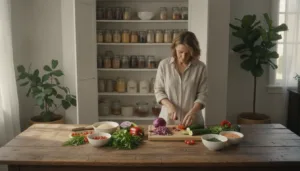 A serene kitchen environment, with a window allowing soft, natural light to filter in, illuminating a wooden dining table. In the foreground, a middle-aged woman in modest casual clothing is preparing a colorful, healthy meal, showcasing vibrant vegetables and herbs symbolizing balanced nutrition after candida treatment. In the middle background, a well-organized pantry filled with jars of wholesome grains and spices suggests a focus on healthy eating. Soft green plants are in the corners, adding freshness. The mood is calm and focused, emphasizing wellness and a positive vibe. Composition is shot slightly from above, capturing the woman's concentration and the inviting kitchen atmosphere, evoking a sense of peace and health.