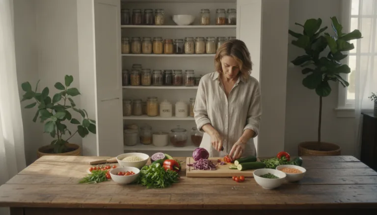 A serene kitchen environment, with a window allowing soft, natural light to filter in, illuminating a wooden dining table. In the foreground, a middle-aged woman in modest casual clothing is preparing a colorful, healthy meal, showcasing vibrant vegetables and herbs symbolizing balanced nutrition after candida treatment. In the middle background, a well-organized pantry filled with jars of wholesome grains and spices suggests a focus on healthy eating. Soft green plants are in the corners, adding freshness. The mood is calm and focused, emphasizing wellness and a positive vibe. Composition is shot slightly from above, capturing the woman's concentration and the inviting kitchen atmosphere, evoking a sense of peace and health.