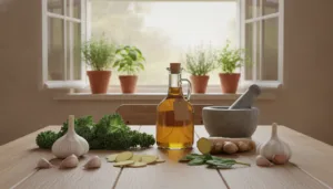 A serene kitchen scene illuminated by soft, warm light, featuring a wooden table adorned with natural ingredients known for their antifungal properties. In the foreground, fresh garlic cloves, sliced ginger, and vibrant green leafy vegetables are arranged artistically, symbolizing natural remedies. In the middle ground, an elegant glass jar filled with apple cider vinegar and labeled as a health tonic, alongside a mortar and pestle. In the background, a sunlit window displays a lush herb garden with basil, oregano, and thyme, signifying holistic approaches to wellness. The atmosphere is calm and inviting, evoking a sense of holistic health and natural healing methods. The composition should focus on the beauty of these natural elements while capturing their essence without any human figures or text overlays.
