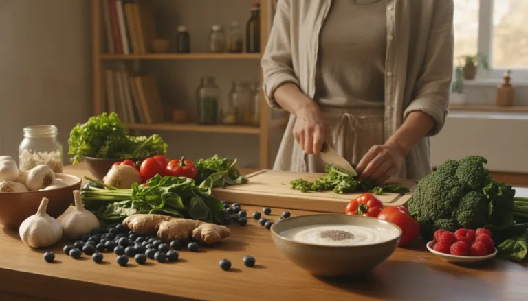 A serene kitchen setting, showcasing a wooden table adorned with an array of fresh, vibrant fruits and vegetables known for promoting gut health, including garlic, ginger, and leafy greens. In the foreground, a well-organized bowl of probiotics, like yogurt and kefir, glistening under soft, natural lighting. The middle ground features a health-conscious individual, dressed in modest, casual clothing, thoughtfully preparing a wholesome dish. In the background, softly blurred shelves display natural health books and herbal supplements, creating an inviting, educational atmosphere. The overall mood is calm and uplifting, emphasizing natural well-being and balance, with warm tones enhancing the feeling of health and vitality.