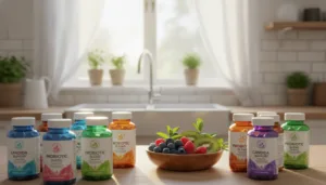 A tranquil kitchen countertop scene, showcasing an array of colorful probiotic supplements specifically designed to combat candida overgrowth. In the foreground, an assortment of labeled bottles with vibrant, natural designs, featuring ingredients like lactobacillus and bifidobacterium. The middle layer includes a small bowl of fresh fruits like berries and kiwi, symbolizing health and vitality, alongside green leafy herbs. In the background, soft natural sunlight filters through a window, casting a warm glow on a serene, clean kitchen environment. The overall atmosphere conveys wellness and hope, inviting readers to explore solutions for gut health. Use a shallow depth of field to create a soft focus effect on the background, emphasizing the foreground subjects.