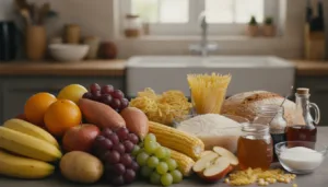 A vibrant and detailed arrangement of common foods that are known to feed Candida. In the foreground, showcase a variety of colorful fruits such as bananas, grapes, and oranges, along with starchy vegetables like potatoes and corn. In the middle ground, include grains like bread, pasta, and rice, accompanied by sweeteners like honey and syrup. In the background, softly blurred, a kitchen setting with natural light filtering through a window, creating a warm and inviting atmosphere. Use a shallow depth of field to emphasize the foods while keeping the background subtly visible. The overall mood should convey a sense of awareness about diet and health, focusing on the potential impact of these foods.