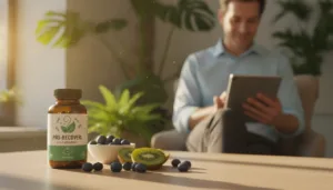 A vibrant and engaging scene illustrating the concept of "Probiotics for Recovery." In the foreground, feature an elegant bottle of probiotics, its label adorned with natural imagery, sitting atop a wooden table. Beside it, fresh fruits like blueberries and kiwi, symbolizing health and vitality. In the middle ground, show a serene, blurred image of a person in business casual attire, smiling and engaging with a digital device, conveying active recovery. The background includes soft, green plants and gentle sunlight filtering through a window, creating a warm and inviting atmosphere. The overall mood is uplifting and inspiring, emphasizing wellness and recovery. Use soft, natural lighting to enhance the freshness of the scene.