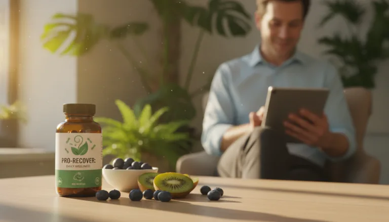 A vibrant and engaging scene illustrating the concept of "Probiotics for Recovery." In the foreground, feature an elegant bottle of probiotics, its label adorned with natural imagery, sitting atop a wooden table. Beside it, fresh fruits like blueberries and kiwi, symbolizing health and vitality. In the middle ground, show a serene, blurred image of a person in business casual attire, smiling and engaging with a digital device, conveying active recovery. The background includes soft, green plants and gentle sunlight filtering through a window, creating a warm and inviting atmosphere. The overall mood is uplifting and inspiring, emphasizing wellness and recovery. Use soft, natural lighting to enhance the freshness of the scene.