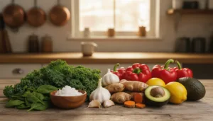 A vibrant, appealing display of top antifungal foods for candida, featuring a selection of garlic cloves, fresh ginger, organic turmeric, and ripe avocados arranged artistically on a rustic wooden table. In the foreground, include a small bowl of coconut oil and some green leafy vegetables like spinach and kale, emphasizing their natural textures. In the middle, focus on a few bright red bell peppers and lemons to add a pop of color. The background should softly blur the outlines of a cozy kitchen setting with warm, natural light illuminating the scene, creating a welcoming atmosphere. Capture the image from a slightly elevated angle to showcase the arrangement clearly, ensuring that the food items are the focal point without any distractions. Overall, evoke a sense of health and wellness.