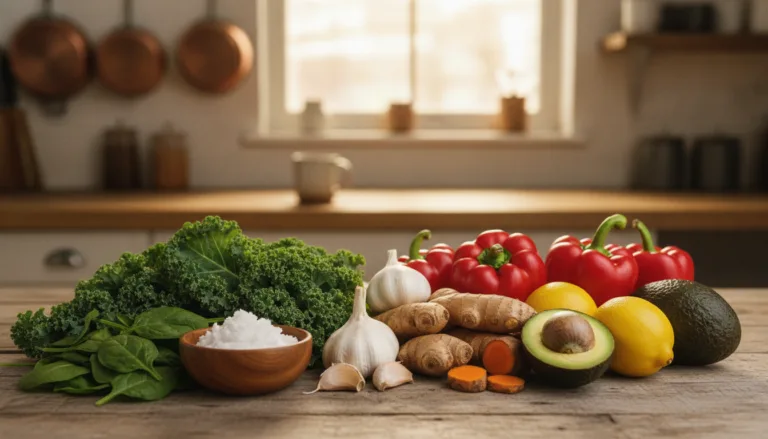 A vibrant, appealing display of top antifungal foods for candida, featuring a selection of garlic cloves, fresh ginger, organic turmeric, and ripe avocados arranged artistically on a rustic wooden table. In the foreground, include a small bowl of coconut oil and some green leafy vegetables like spinach and kale, emphasizing their natural textures. In the middle, focus on a few bright red bell peppers and lemons to add a pop of color. The background should softly blur the outlines of a cozy kitchen setting with warm, natural light illuminating the scene, creating a welcoming atmosphere. Capture the image from a slightly elevated angle to showcase the arrangement clearly, ensuring that the food items are the focal point without any distractions. Overall, evoke a sense of health and wellness.