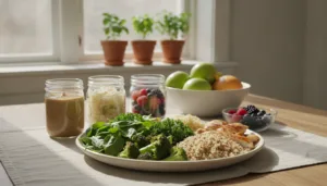 A vibrant, inviting kitchen table setting filled with a variety of healthy foods ideal for a Candida cleanse recovery. In the foreground, a neatly arranged platter of fresh vegetables like spinach, kale, and broccoli, alongside some light protein options such as grilled chicken and quinoa. In the middle ground, glass jars of homemade nut butter, fermented vegetables, and a bowl of assorted berries reflect nourishment and vitality. The background features a softly lit window with natural light flowing in, casting gentle shadows, and potted herbs like basil and parsley adding a touch of freshness. The atmosphere conveys a sense of health and rejuvenation, creating a warm and welcoming environment that inspires wholesome eating. The image composition utilizes a shallow depth of field, focusing on the vibrant foods while softly blurring the background, enhancing the overall appeal.