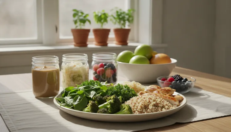 A vibrant, inviting kitchen table setting filled with a variety of healthy foods ideal for a Candida cleanse recovery. In the foreground, a neatly arranged platter of fresh vegetables like spinach, kale, and broccoli, alongside some light protein options such as grilled chicken and quinoa. In the middle ground, glass jars of homemade nut butter, fermented vegetables, and a bowl of assorted berries reflect nourishment and vitality. The background features a softly lit window with natural light flowing in, casting gentle shadows, and potted herbs like basil and parsley adding a touch of freshness. The atmosphere conveys a sense of health and rejuvenation, creating a warm and welcoming environment that inspires wholesome eating. The image composition utilizes a shallow depth of field, focusing on the vibrant foods while softly blurring the background, enhancing the overall appeal.