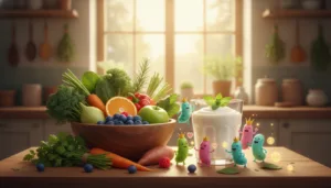A vibrant, visually engaging illustration to represent "Indicators of gut microbiome healing." In the foreground, show a diverse array of colorful fruits, vegetables, and herbs, symbolizing a healthy diet. In the middle ground, depict a serene, glass of probiotic-rich yogurt surrounded by sprigs of fresh mint and friendly bacteria characters that appear nurturing and joyful. In the background, create a soft-focus kitchen setting filled with sunlight, hinting at a clean, cozy environment. The atmosphere is uplifting and rejuvenating, suggesting vitality and wellness. Use soft, natural lighting to enhance the warmth and friendliness of the scene. The composition should feel harmonious and inviting, capturing the essence of gut health recovery without any text or distractions.
