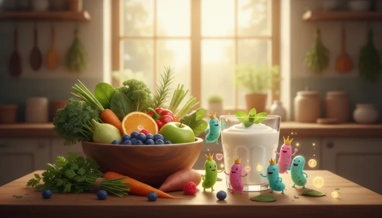 A vibrant, visually engaging illustration to represent "Indicators of gut microbiome healing." In the foreground, show a diverse array of colorful fruits, vegetables, and herbs, symbolizing a healthy diet. In the middle ground, depict a serene, glass of probiotic-rich yogurt surrounded by sprigs of fresh mint and friendly bacteria characters that appear nurturing and joyful. In the background, create a soft-focus kitchen setting filled with sunlight, hinting at a clean, cozy environment. The atmosphere is uplifting and rejuvenating, suggesting vitality and wellness. Use soft, natural lighting to enhance the warmth and friendliness of the scene. The composition should feel harmonious and inviting, capturing the essence of gut health recovery without any text or distractions.