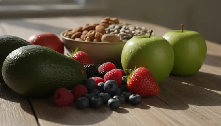 A vibrant, well-organized display of fresh fruits suitable for a Candida diet, including avocados, berries, and green apples, artfully arranged on a rustic wooden table. In the foreground, a close-up view captures the textures and colors of the fruits, with droplets of water glistening on their surfaces. In the middle ground, a gently blurred bowl of nuts and seeds complements the fruits, suggesting healthy snack choices. The background features soft natural light, filtering through a nearby window, creating an inviting and warm atmosphere. The overall mood is fresh and healthy, emphasizing a balanced lifestyle. The scene is serene and focused, drawing attention to the nutritious fruit choices.