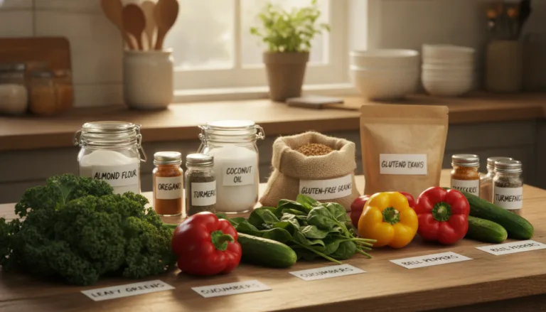 A visually appealing grocery list spread showcasing essential items for a Candida diet, arranged on a wooden kitchen table in a warm, inviting light. In the foreground, vibrant vegetables like leafy greens, cucumbers, and bell peppers are meticulously labeled in neat handwriting. In the middle, containers of almond flour, coconut oil, and gluten-free grains are prominently displayed, along with jars of herbs and spices like oregano and turmeric. The background hints at a cozy, well-organized kitchen, with soft natural lighting filtered through a window, casting gentle shadows. The atmosphere is wholesome and nurturing, conveying a sense of health and wellness. The scene is captured with a slightly elevated angle to create depth, focusing on the colorful array of ingredients without any text or distractions.