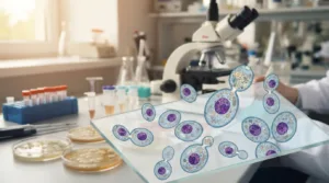A detailed illustration of Candida glabrata, showcasing its morphology and cellular structure. In the foreground, several yeast cells are depicted with a focus on their distinctive elliptical shape and budding process, showcasing fine details like cell walls and internal organelles. The middle ground features a blurred scientific laboratory setting, complete with petri dishes and microscopy equipment to create context, while the background is subtly lit with soft focus, hinting at a research environment. Natural light filters in, illuminating the scene with a warm, inviting glow to create an atmosphere of scientific exploration and discovery. The overall mood is informative and engaging, tailored for readers eager to learn about this unique yeast.