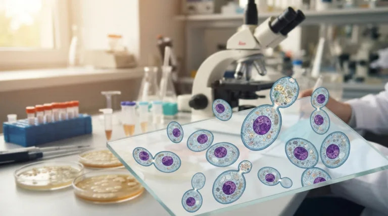 A detailed illustration of Candida glabrata, showcasing its morphology and cellular structure. In the foreground, several yeast cells are depicted with a focus on their distinctive elliptical shape and budding process, showcasing fine details like cell walls and internal organelles. The middle ground features a blurred scientific laboratory setting, complete with petri dishes and microscopy equipment to create context, while the background is subtly lit with soft focus, hinting at a research environment. Natural light filters in, illuminating the scene with a warm, inviting glow to create an atmosphere of scientific exploration and discovery. The overall mood is informative and engaging, tailored for readers eager to learn about this unique yeast.
