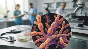 A detailed illustration of Candida krusei, focusing on its microscopic structure, positioned prominently in the foreground. The fungal organism is depicted in vibrant colors, with intricate details showcasing its yeast-like formation and hyphal growth. In the middle ground, include elements symbolizing healthcare, such as a stethoscope and petri dishes, representing its clinical significance. The background features a softly blurred hospital setting, conveying an atmosphere of health and research. Utilize soft, natural lighting to enhance clarity and depth, and a slightly low-angle perspective to emphasize the subject matter. The overall mood should be informative and professional, aimed at providing a comprehensive health overview of Candida krusei.