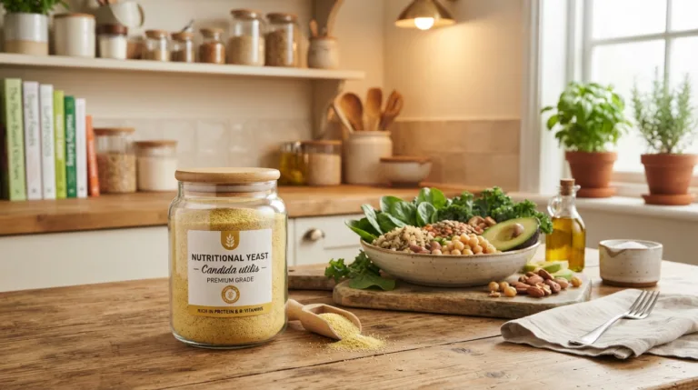 A detailed illustration of Candida utilis, a yeast known for its nutritional benefits, set in a cozy kitchen environment. Foreground: a close-up of a jar containing Candida utilis granules, demonstrating its texture and appearance. Middle ground: a wooden table scattered with fresh ingredients, such as leafy greens, grains, and legumes, showcasing a balanced diet impacted by this yeast. Background: a softly lit kitchen with shelves displaying healthy cookbooks and kitchen utensils, radiating warmth and health. The overall mood is inviting and educational, emphasizing the nutritional importance of Candida utilis in modern diets. Use natural lighting to create a bright atmosphere, with a slightly blurred background to focus on the foreground details, captured from a slightly elevated angle for depth.