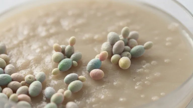 A detailed microscopic view of Candida dubliniensis, showcasing the yeast's distinctive cell morphology in a visually striking manner. In the foreground, vibrant clusters of oval yeast cells are depicted, some budding, highlighting the reproductive process. The middle ground features a textured agar plate, emphasizing the fungal growth pattern with shades of beige and white. The background is softly blurred to focus on the yeast, suggesting a sterile lab environment with muted colors to convey a clinical atmosphere. Soft, diffuse lighting illuminates the scene, simulating laboratory conditions, with a shallow depth of field to enhance the subject's clarity and importance. The overall mood is scientific and informative, perfect for an educational article on symptoms and care related to Candida dubliniensis.