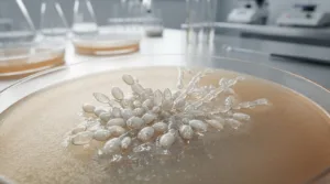 A detailed scientific illustration of the Candida lusitaniae fungus, showcasing its characteristic morphology such as budding yeast cells and filamentous structures. In the foreground, depict a cluster of yeast cells with a glossy appearance under bright laboratory lighting, highlighting the cell wall texture and surrounding biofilm matrix. In the middle ground, add a subtle gradient that transitions from a light to a darker background, representing a microbiological culture medium. The background should feature a soft-focus of a laboratory workspace, hinting at petri dishes and sterile equipment, creating a clinical atmosphere. Use a macro lens effect to enhance the detail of the fungal structures while maintaining a clean, professional look, evoking a mood of scientific inquiry and research. No text or watermarks present.