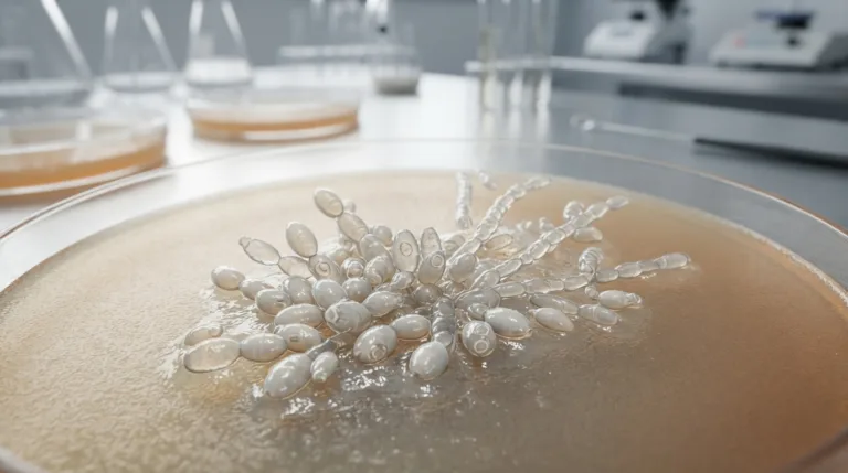 A detailed scientific illustration of the Candida lusitaniae fungus, showcasing its characteristic morphology such as budding yeast cells and filamentous structures. In the foreground, depict a cluster of yeast cells with a glossy appearance under bright laboratory lighting, highlighting the cell wall texture and surrounding biofilm matrix. In the middle ground, add a subtle gradient that transitions from a light to a darker background, representing a microbiological culture medium. The background should feature a soft-focus of a laboratory workspace, hinting at petri dishes and sterile equipment, creating a clinical atmosphere. Use a macro lens effect to enhance the detail of the fungal structures while maintaining a clean, professional look, evoking a mood of scientific inquiry and research. No text or watermarks present.