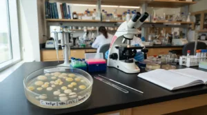 A detailed scientific study setting featuring "Candida kefyr" yeast. In the foreground, a petri dish with visible yeast colonies emerging in various colors, including white, cream, and light yellow, representing the microbial growth. In the middle ground, a modern laboratory bench with lab equipment such as pipettes, test tubes, and a microscope, all arranged neatly. The background has a softly blurred image of a laboratory, with shelves holding scientific books and glass containers. The lighting is bright and natural, highlighting the clarity of the yeast colonies, while the overall mood is clinical and professional, conveying a sense of research and exploration in microbiology.
