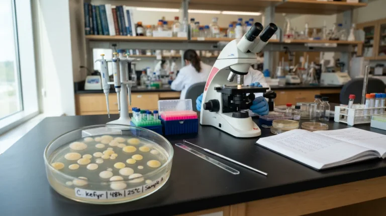 A detailed scientific study setting featuring "Candida kefyr" yeast. In the foreground, a petri dish with visible yeast colonies emerging in various colors, including white, cream, and light yellow, representing the microbial growth. In the middle ground, a modern laboratory bench with lab equipment such as pipettes, test tubes, and a microscope, all arranged neatly. The background has a softly blurred image of a laboratory, with shelves holding scientific books and glass containers. The lighting is bright and natural, highlighting the clarity of the yeast colonies, while the overall mood is clinical and professional, conveying a sense of research and exploration in microbiology.