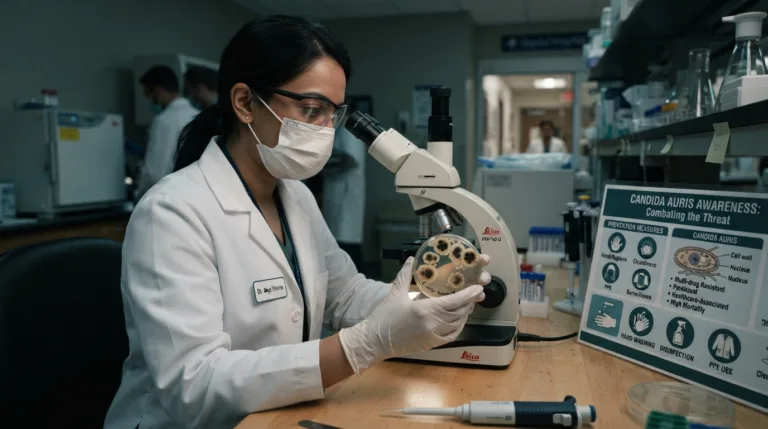A visually striking illustration depicting the theme of "Candida auris awareness." In the foreground, a healthcare professional in a lab coat and protective gloves examines a petri dish displaying colonies of the Candida auris fungus, highlighting its unique morphology. The middle ground features informative graphics, such as a stylized representation of the fungal structure and infographics about prevention measures, including hand hygiene and cleanliness. The background includes a clinical setting with sterile medical equipment and a faint hospital environment, dimly lit to create a serious and urgent mood. The overall color palette should incorporate muted greens and blues to evoke a sense of calm and professionalism, while the lighting subtly emphasizes the importance of awareness and vigilance in combating this health threat.