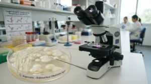 An overview of Candida tropicalis, featuring a close-up view of its distinct morphology in a clinical laboratory setting. The foreground showcases a petri dish with a culture of Candida tropicalis, exhibiting its creamy white colonies intertwined with slight yellow hues for realism. In the middle ground, a microscope is positioned, with a focused lens capturing the fungal structure, including budding yeast cells and hyphal elements. The background presents a softly blurred laboratory with equipment and charts related to fungal infections, demonstrating a modern medical atmosphere. The lighting is bright but soft, emphasizing clarity and professionalism. The mood is informative and clinical, suitable for a scientific exploration of symptoms and treatment related to Candida tropicalis.