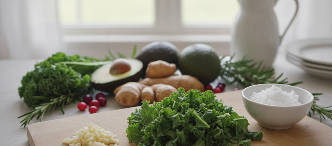 A beautifully arranged flat lay of fresh, vibrant foods known for their Candida cleanse properties, including garlic, kale, coconut oil, ginger, and avocados. In the foreground, a clean, wooden cutting board displays chopped garlic and bright green kale alongside a small bowl of coconut oil. The middle ground features whole avocados and ginger roots artistically scattered. The background includes a soft, blurred kitchen setting with natural light streaming in from a window, creating a warm, inviting atmosphere. The overall mood is fresh, health-focused, and visually appealing, suggesting vitality and wellness. Use a shallow depth of field to emphasize the textures and colors of the foods, ensuring a bright and uplifting color palette.