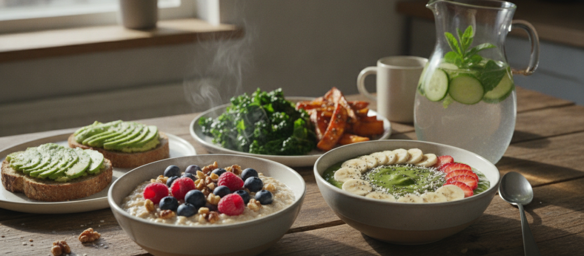 A beautifully arranged healthy breakfast spread on a rustic wooden table, featuring a variety of vibrant options. In the foreground, there are oatmeal bowls topped with fresh berries and nuts, a smoothie bowl garnished with chia seeds, and slices of avocado on whole-grain toast sprinkled with sea salt. In the middle, vibrant green leafy kale accompanies baked sweet potato wedges, while a pitcher of infused water with cucumber and mint sits invitingly. The background includes a sunny kitchen setting with soft morning light filtering through a window, creating a warm and inviting atmosphere. The image exudes a sense of freshness and vitality, with a focus on wholesome and balanced breakfast choices ideal for a healthy lifestyle.