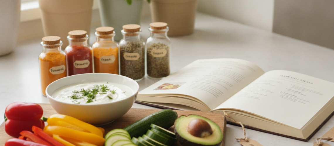 A beautifully arranged kitchen countertop showcasing easy gut health recipes. In the foreground, a wooden cutting board displays vibrant vegetables like bell peppers, zucchini, and avocados, alongside a bowl of probiotic-rich yogurt and a sprinkle of fresh herbs. In the middle, a recipe book opened to a page with simple instructions for gut-friendly dishes, surrounded by colorful spices in glass jars. The background features soft-focus greenery and light streaming through a window, creating a warm, inviting atmosphere. The scene is captured in soft, natural light, simulating a cozy home cooking environment, with a shallow depth of field to keep the focus on the food and recipes, exuding a sense of health and wellness.